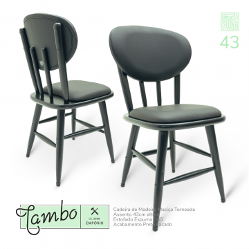 Cadeira de Madeira Torneada - 43cm Cor Preta - Com Estofado