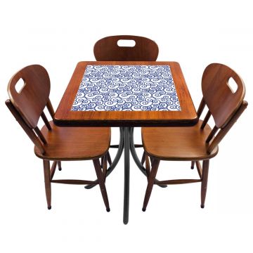 Cj Mesa Madeira Azulejo 60x60cm Cor Natural - Bistrô Fixa 78cm pta + 3 Cadeiras 43 nat - Ondulação