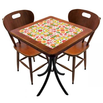 Cj Mesa Madeira Azulejo 60x60cm Cor Natural - Bistrô Fixa 78cm pta + 2 Cadeiras 43 nat - Frutas