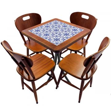 Cj Mesa Madeira Azulejo 60x60cm Cor Natural - Bistrô Fixa 78cm pta + 4 Cadeiras 43 nat - Portugues