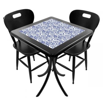 Cj Mesa Madeira Azulejo 60x60cm Cor Preta - Bistrô Fixa 78cm pta + 2 Cadeiras 43 pta - Ondulação
