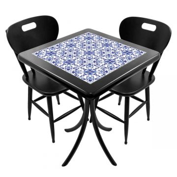 Cj Mesa Madeira Azulejo 60x60cm Cor Preta - Bistrô Fixa 78cm pta + 2 Cadeiras 43 pta - Portugues