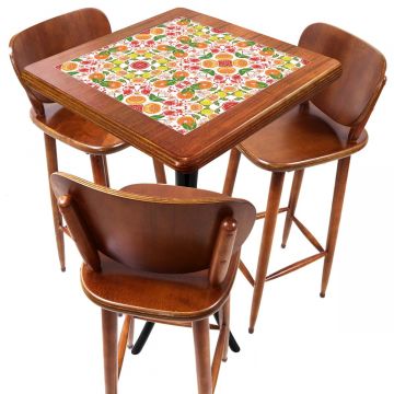 Cj Mesa Madeira Azulejo 60x60cm Cor Natural - Bistrô Fixa 98cm pta + 3 Banquetas 73 nat - Frutas