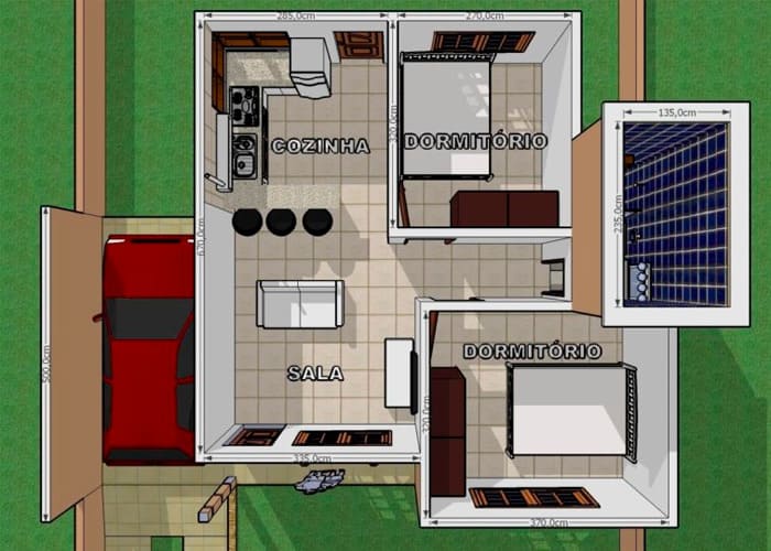 Planta de casa com 2 quartos e cozinha americana