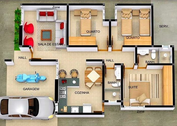 Planta de casa com três quartos e garagem