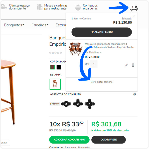 2. Para cotar o frete, vá ao carrinho de compras.