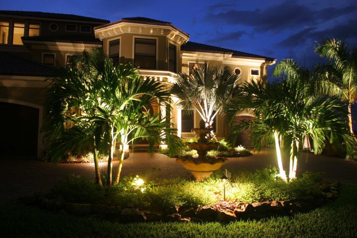  Jardim na frente da casa com vários coqueiros com refletores verdes os iluminando.