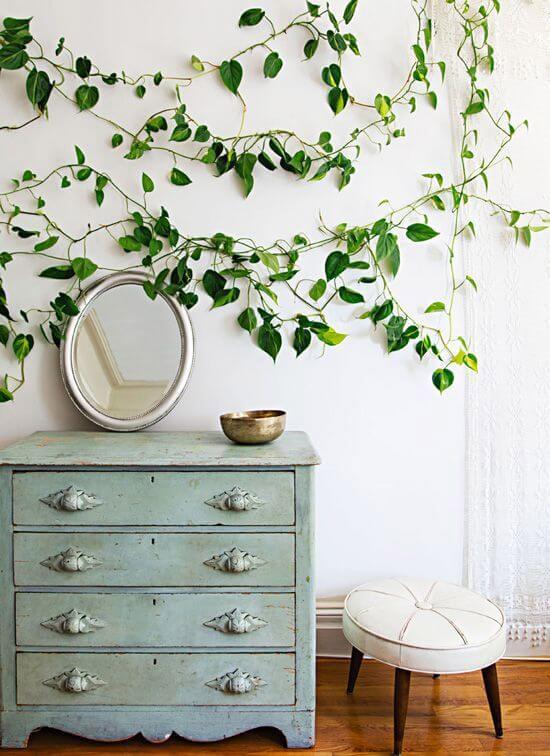 Comoda azul turquesa envelhecida segurando espelho oval e acima na parede planta jiboia