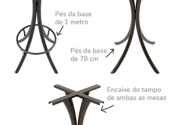 Base para mesa de ferro com os dois modelos de pés. Foto mostrando detalhe